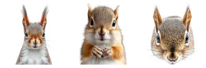 Three close-up of squirrel faces on display, each showcasing their unique features and expressions. The central squirrel looks inquisitive, flanked by another with alert ears and the third has a soft.