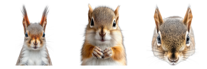 Three close-up of squirrel faces on display, each showcasing their unique features and expressions. The central squirrel looks inquisitive, flanked by another with alert ears and the third has a soft.
