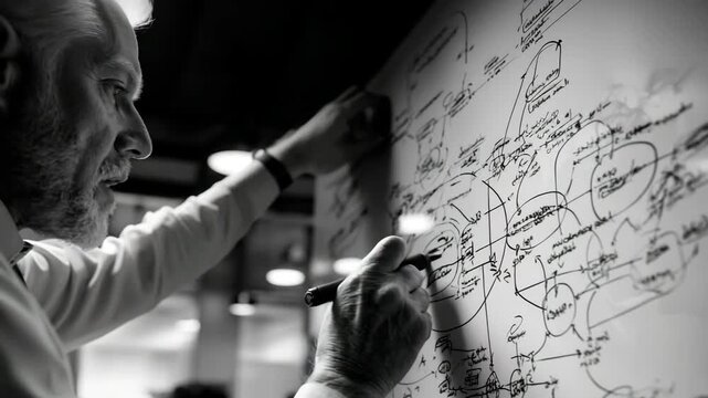 Ultra HD A focused entrepreneur brainstorming ideas, sketching out complex business strategies and flowcharts on a whiteboard, capturing the essence of innovation and strategic planning