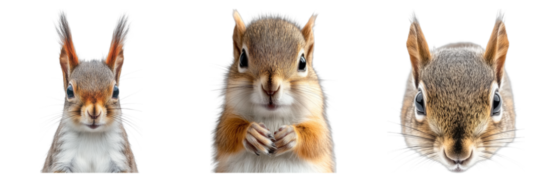 Three close-up of squirrel faces on display, each showcasing their unique features and expressions. The central squirrel looks inquisitive, flanked by another with alert ears and the third has a soft.