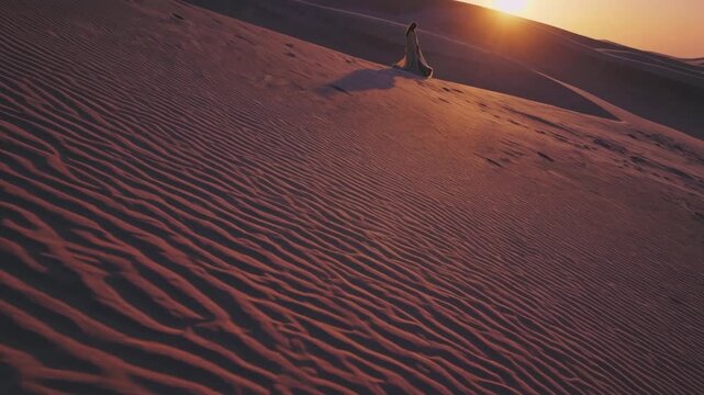 Tranquil sand silhouette scene, Calm evening with solitary figure immersed in thought, Quiet sunset casting gentle hues over shoreline where lone thinker finds serenity and reflection