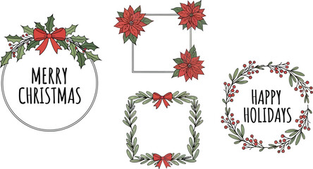 Christmas Floral Frames Poinsettia, Holly, Berries, and Bows on White Background
