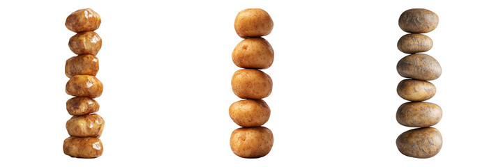 Three stacks of freshly harvested potatoes stand tall, representing a concept of balance, with neutral background