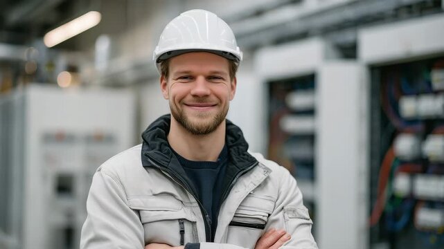 Proud technician in hard hat stands in front of bright electrical panels and bundled wires, soft lens flare accentuating confidence and industrial atmosphere