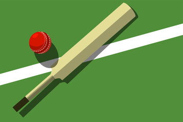 Fototapeta premium Cricket bat and ball lies on cricket court, view from above, sport poster, vector