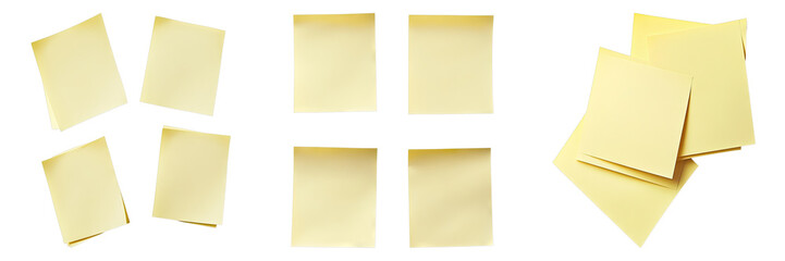 Arrangement of yellow sticky notes in various stacks and individual placements