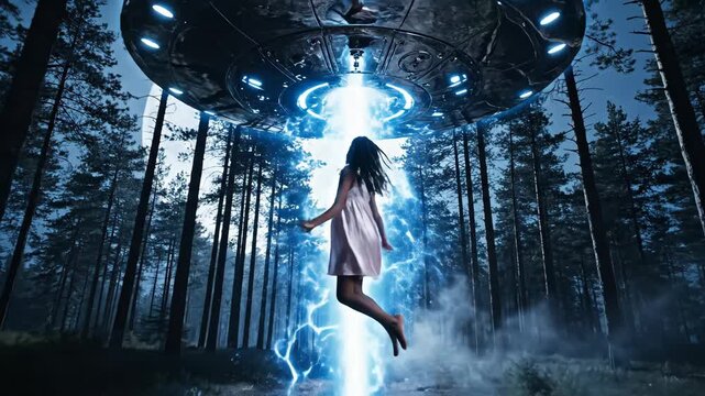 Woman standing beneath a glowing ufo beam in a foggy night forest, silhouetted against a huge moon as alien light lifts her skyward in a tense, surreal abduction scene