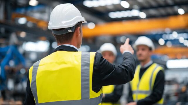 Rear perspective of factory team during safety meeting, supervisor pointing at safety posters, workshop environment showing steel beams and equipment
