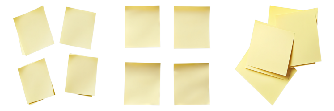 Arrangement of yellow sticky notes in various stacks and individual placements