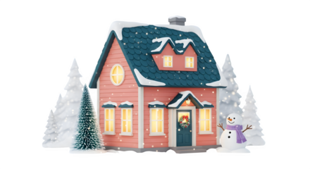 Cozy christmas house with snowman and trees isolated on transparent background