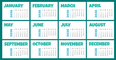 green -  calendar Year 2026.  vector calendar. Calendar on white Background for business. Week Starts Sunday. template, simple and clean design.