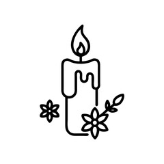 Illustration of a candle with flowers in outline on transparent background
