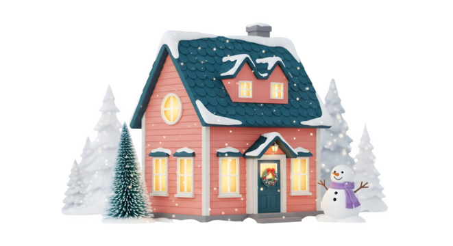 Cozy christmas house with snowman and trees isolated on transparent background