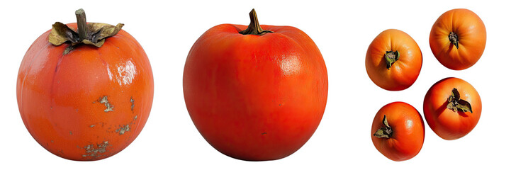 A collection of fresh, ripe persimmons of varying sizes, presenting a vibrant display of the fruit