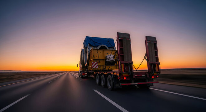 Heavy haul truck transporting an oversized cargo on a highway at scenic sunset. Logistics and cargo transportation concept for global trade.