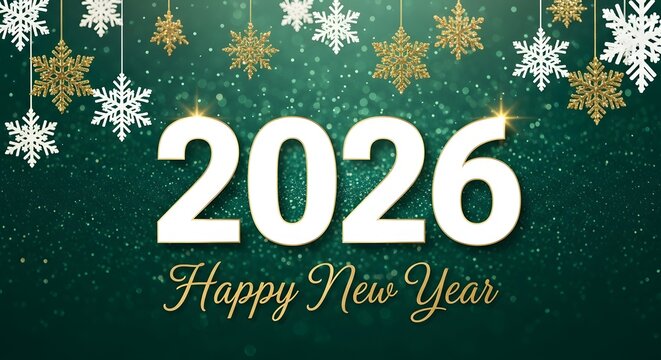 Festive happy new year 2026 greeting with sparkling snowflakes and golden ornaments against a dark teal shimmering background
