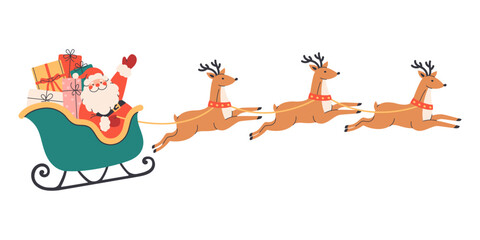 Santa Claus flying on sleigh with reindeers with Christmas presents. Perfect for greeting cards, invitations, posters, seasonal design. Flat vector illustration isolated on white background