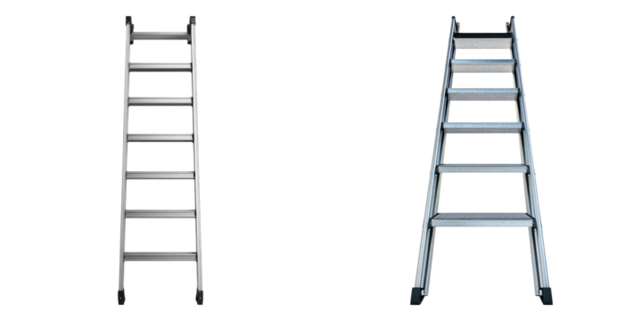 Two metallic ladders standing against the surface