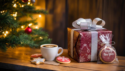 New Year scene featuring a gift box with cookies and a cup of coffee near a festive Christmas tree, copy space