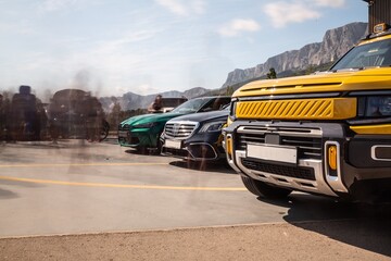 New beautiful sport cars stand on show for car show