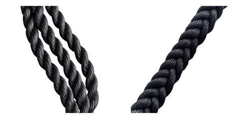 Two ropes in contrasting configurations. The one on the left shows three parallel cords twisted together, while the one on the right presents a single, thicker rope with a more pronounced twist. 