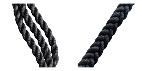Two ropes in contrasting configurations. The one on the left shows three parallel cords twisted together, while the one on the right presents a single, thicker rope with a more pronounced twist. 