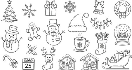 Christmas Outlines with Tree, Snowman, Gingerbread Man, Sleigh, & Nativity