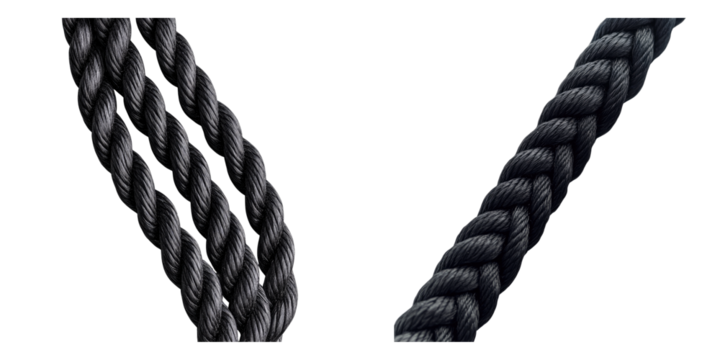 Two ropes in contrasting configurations. The one on the left shows three parallel cords twisted together, while the one on the right presents a single, thicker rope with a more pronounced twist. 