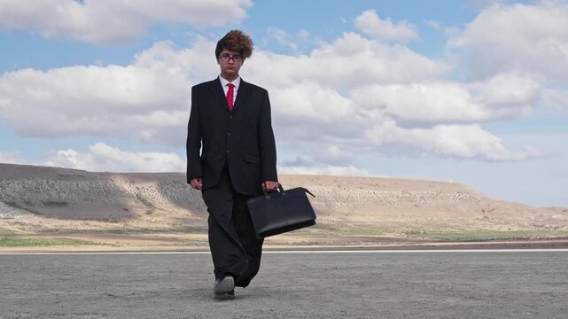 A sad teenager wearing glasses and a mature business suit, carrying a briefcase, walks across dry ground against the backdrop of a hill with a vineyard. The camera zooms out.