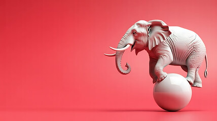 An elephant carefully balances on a smooth sphere within a vivid red space, creating a whimsical, surreal scene that plays with the concepts of balance and poise. 