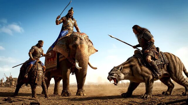 Ancient warriors riding a majestic elephant and a fierce saber-toothed tiger clash in an epic desert battle, depicting mythological conflict, strength, and power between two opposing armies
