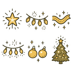 Fototapeta premium Festive Tree Icons. Christmas Tree Glow outline icons: radiant star topper, glowing bulbs, shimmering garland, warm white lights, golden ornaments, softly lit pine.