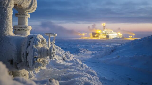 Snow-covered compressor station with frozen pipes and flanges, winter fog in background creating atmospheric depth
