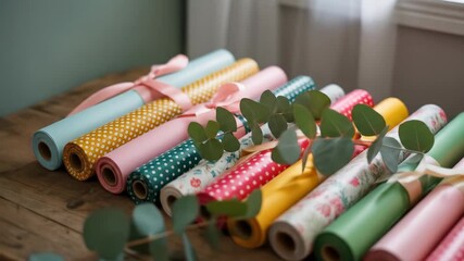 Rolls of colorful wrapping paper with ribbons and eucalyptus on a wooden surface - Powered by Adobe