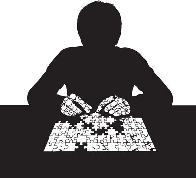 Silhouette of person assembling a complex puzzle representing focus and problem solving