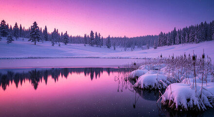Scenic winter landscape with snow-covered trees reflected in a calm lake under a pink and purple sky, representing serenity and natural beauty