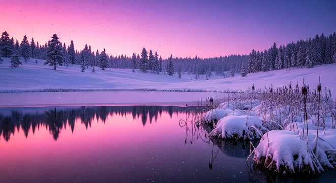 Scenic winter landscape with snow-covered trees reflected in a calm lake under a pink and purple sky, representing serenity and natural beauty