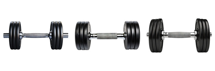 Set of black dumbbells for fitness and exercise with heavy weights and a metallic handle. Perfect for strength training and body building