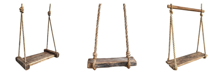 Three wooden swings of varying styles. Each swing has a unique design