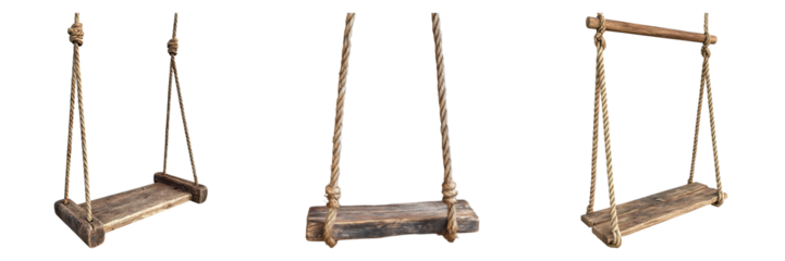 Three wooden swings of varying styles. Each swing has a unique design