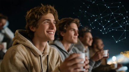 Group of friends enjoying hot cocoa while identifying constellations via AR overlays, emotion of excitement visible, representing outdoor recreation, digital innovation, and winter learning