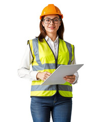 Female construction worker with hard hat and safety vest holding blueprints isolated on transparent background
