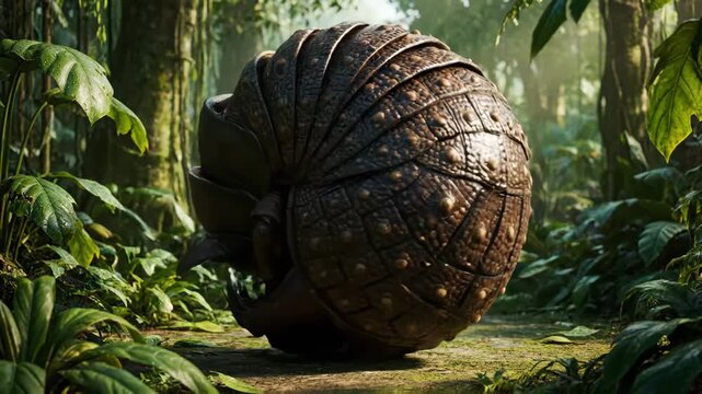 Fantasy armored rhinoceros hybrid creature with scaled shell walking on a forest path, surrounded by lush green foliage and sunlit ancient trees in a primeval jungle
