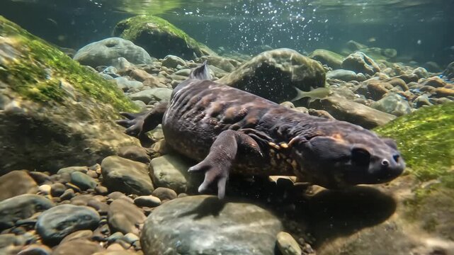 Giant salamander, a prehistoric aquatic amphibian, inhabiting a freshwater river with rocks and green algae, highlighting its unique appearance and natural habitat