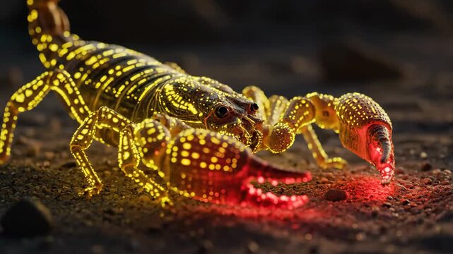 Scorpion with a bioluminescent body featuring glowing yellow dots and menacing red claws, its venomous stinger emitting a vibrant red light onto the dark ground