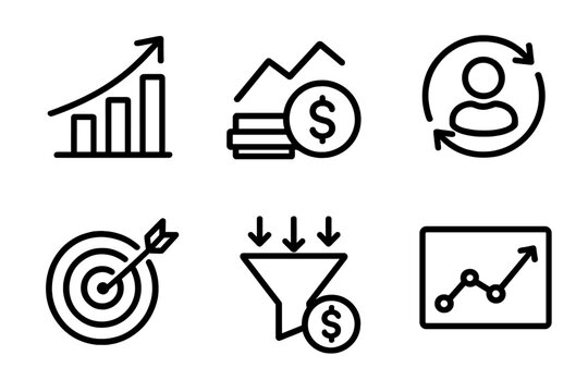 Business KPI Icons. Business KPIs linear icon set: revenue growth, profit margin, customer retention, sales target, conversion rate, performance chart.