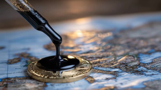 Thick oil pouring over embossed Bitcoin logo positioned atop detailed world atlas, warm lighting enhancing financial symbolism