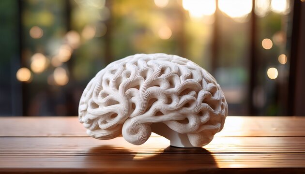intricate white sculpture resembling a brain on a wooden table with blurred background - Powered by Adobe