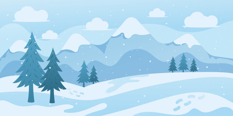 Winter mountain landscape background with snowy hills and pine forest. Vector illustration.
