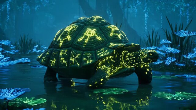 Bioluminescent turtle glowing with intricate patterns on its shell, slowly walking through dark swamp water surrounded by glowing plants and submerged lily pads in a mysterious fantasy forest